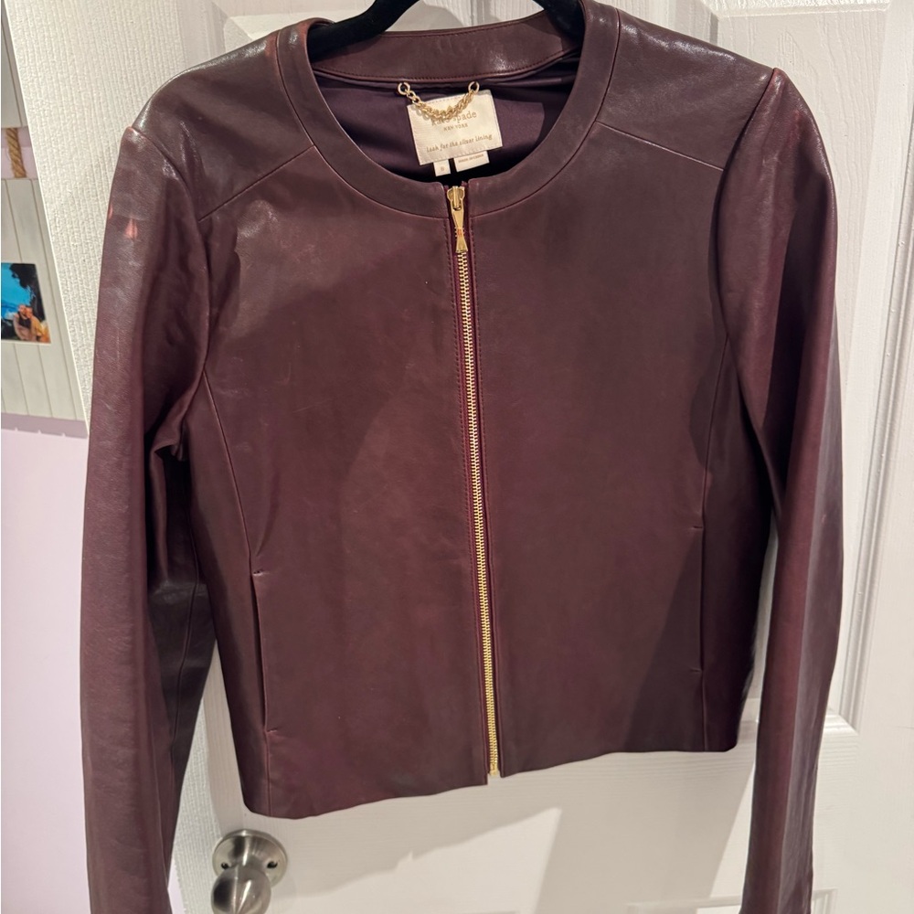 kate spade Womens Burgundy Leather Zip-Front Jacket with Gold Hardware